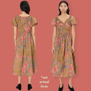 🌺 NWT ULLA JOHNSON CECILE PUFF SLEEVE TAFETA BAMBOO KHAKI FLORAL POCKETS SZ 10